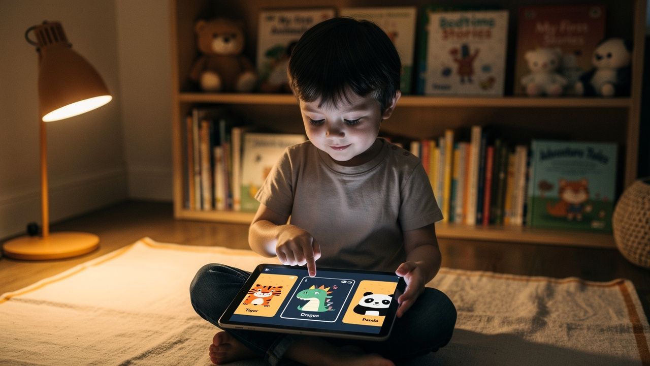 Young child creating a story on a tablet with illustrated character cards
