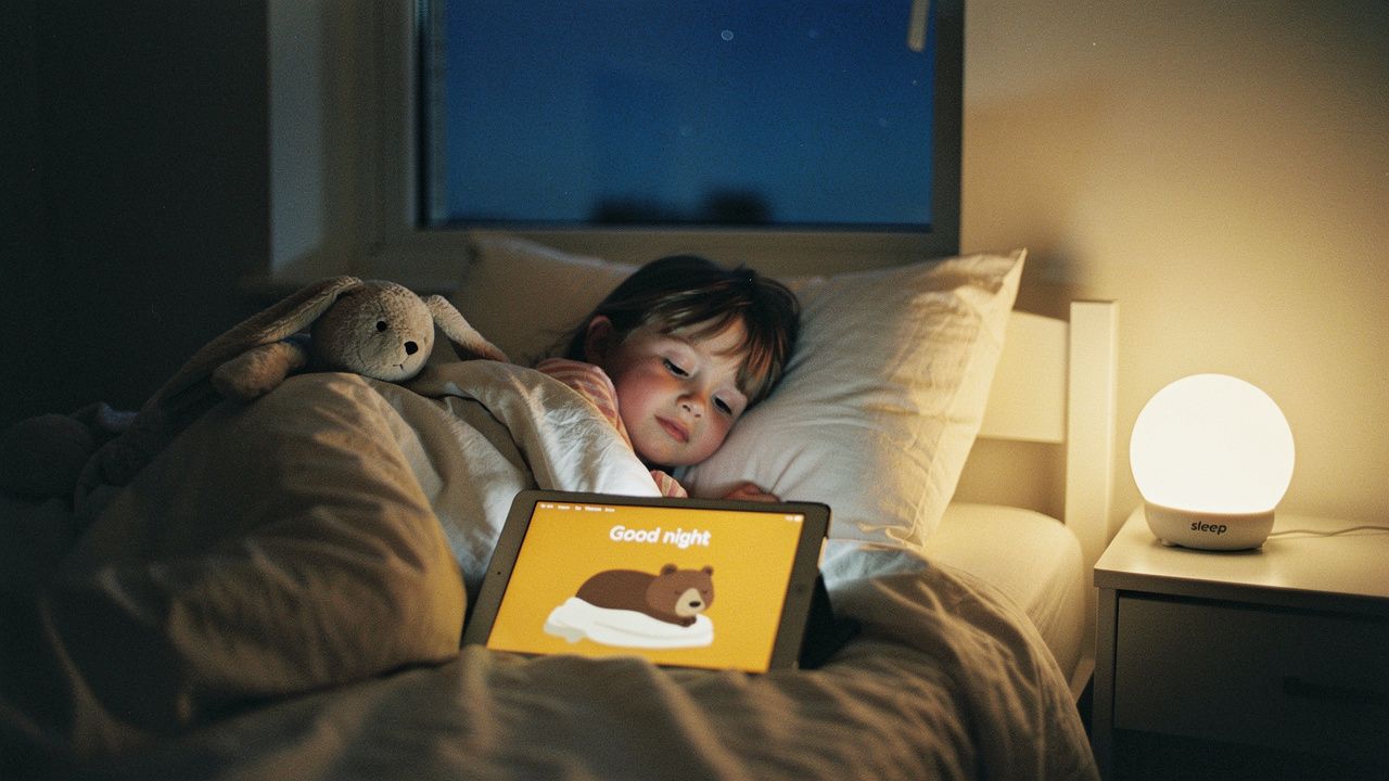 Child peacefully falling asleep with tablet showing warm amber StorySeed sleep mode
